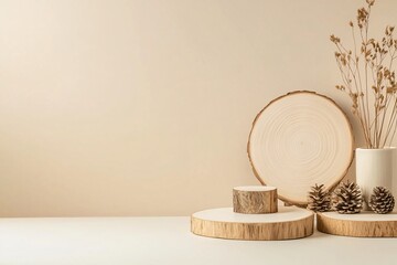 Natural-Themed Product Mockup Featuring a Stack of Wooden Elements Minimalist Setting Soft Lighting Calm Atmosphere