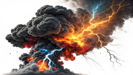 Black smoke storm clouds with fire and lightnings isolated on white background as transparent. PNG. AI GENERATED