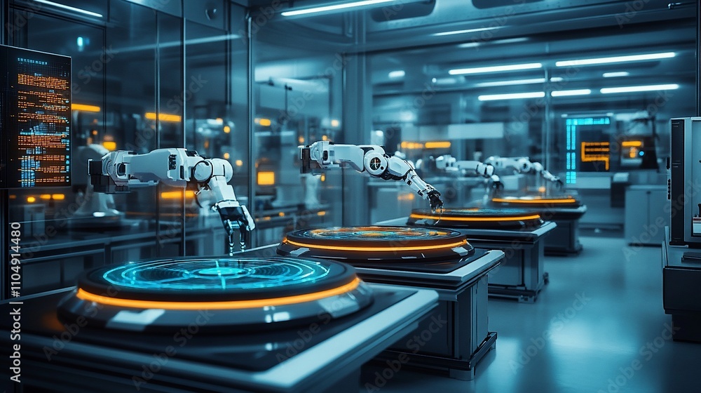 Aufkleber futuristic robotic arms on digital interfaces in a modern lab.