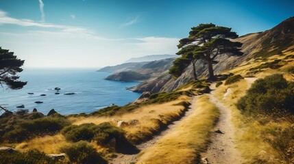 Obraz premium Picturesque mountain hiking trail winding through lush terrain offering breathtaking panoramic views of the serene coastal seascape below