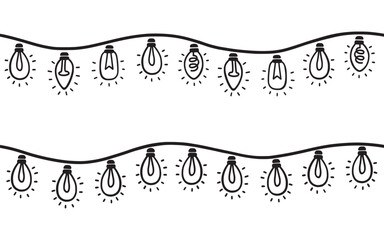 Endless line of hand drawn garlands. Seamless Christmas lights. Black and white vector illustration.