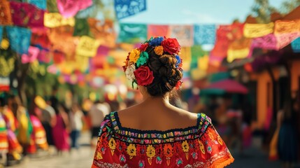 Fototapeta premium Vibrant Fiesta: A Woman in Traditional Mexican Attire