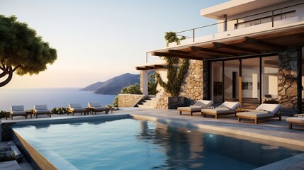 Fototapeta premium Luxurious holiday villa with a private swimming pool offering captivating views of the shimmering ocean and majestic mountains in the distance perfect for a relaxing and rejuvenating vacation