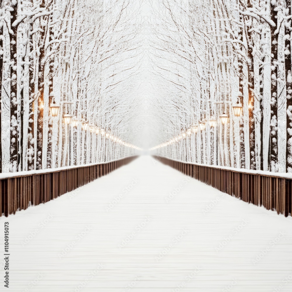 Poster snow-covered path with trees and lights.