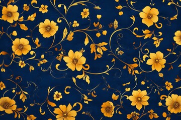 Obraz premium Elegant Golden Floral Pattern on Deep Blue Background: Luxury Design Textile Wallpaper