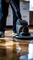 A person uses a vacuum cleaner on a wooden floor, showcasing a clean and well-maintained living space with modern appliances.
