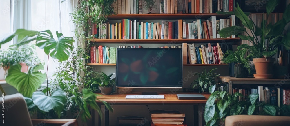 Aufkleber home office desk with a computer monitor and plants on a bookshelf.