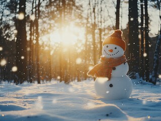 Obraz premium A cheerful snowman stands in a snowy forest, illuminated by the warm glow of the setting sun, surrounded by falling snowflakes.