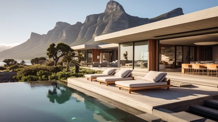 Fototapeta premium Breathtaking Luxury Beachfront Villa Nestled in a Tropical Paradise with a Stunning Mountain Backdrop Offering the Ultimate in Relaxation and Escape
