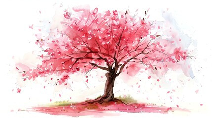 Watercolor painting of a pink flowering tree with petals falling.