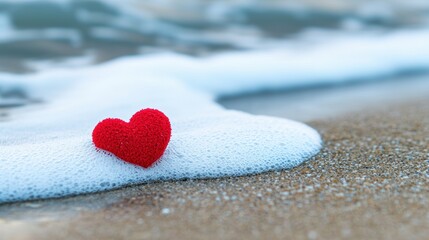 Obraz premium A red heart drawn in the sand on a deserted beach, with the waves gently lapping at the shore, symbolizing fleeting love, lost romance, and memories.