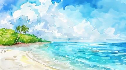 Watercolor painting of a tropical beach with palm trees, blue sky, and calm ocean waves.