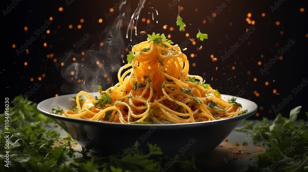 Poster perfectly cooked pasta noodles tossed in the air with flavorful sauce splashes and fresh herbs float