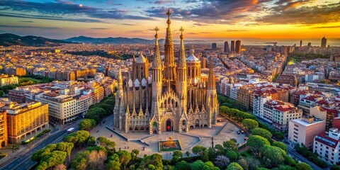 Aerial Sagrada Familia Barcelona Cityscape AI Photo, Stunning Architecture, Panoramic View