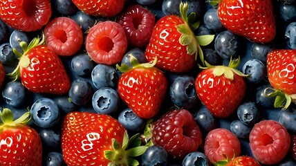Fototapeta premium Berrylicious Abundance: A vibrant close-up of fresh strawberries, blueberries, and raspberries, creating a mouthwatering tapestry of color and texture. Perfect for food blogs, recipe websites.