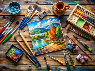 Naklejka premium Aerial View Painting Tools on Wooden Table - Rule of Thirds Composition