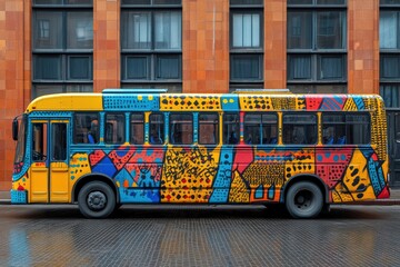 A community-focused bus with artistic cultural patterns symbolizing diversity and integration.