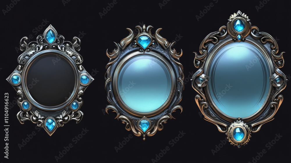 Poster fantasy medieval ui border. metal frame design for rpg interface. silver label with gem stone and or