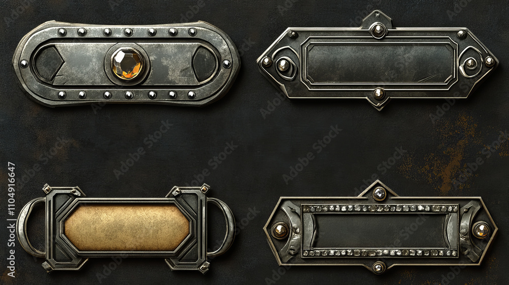 Poster fantasy medieval ui border. metal frame design for rpg interface. silver label with gem stone and or