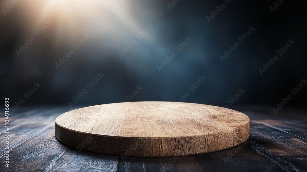Poster empty wooden display on rustic floor in artistic light setting