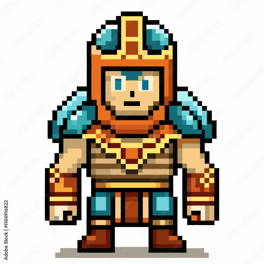 Poster pixel art warrior character in ancient armor for retro video game design