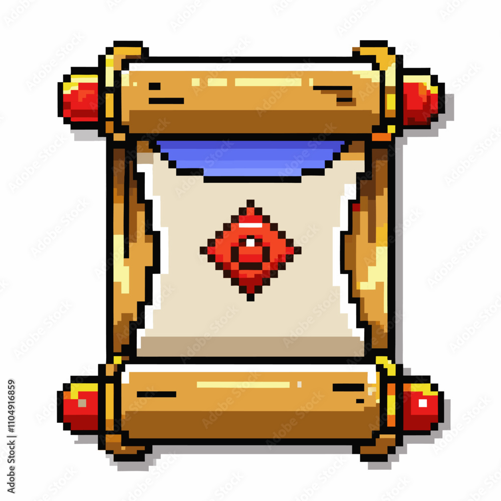Poster vintage pixelated scroll icon retro video game design and textured digital art