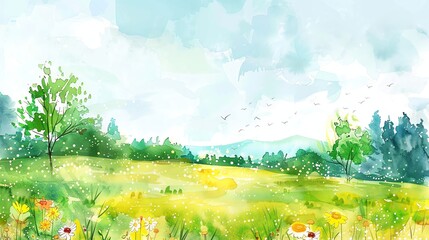 Fototapeta premium A watercolor painting of a meadow with trees and a mountain range in the background.