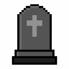 Fototapeta premium Pixel Art Tombstone with Cross Retro Gaming Graphics and Halloween Theme