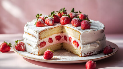 Fresh strawberry cake with whipped cream filling served on a pale pink background