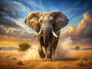 Obraz premium Charging Elephant, Dusty Savannah, Tilt-Shift Photography, Wildlife, Nature, Focus, Depth of Field, Art, Digital, Photorealistic