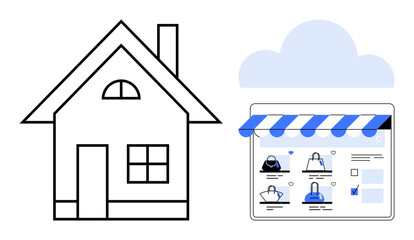 House next to a cloud and a tablet displaying an online store layout with product images under awning. Ideal for e-commerce, home shopping, cloud storage, digital marketplaces, remote access, online