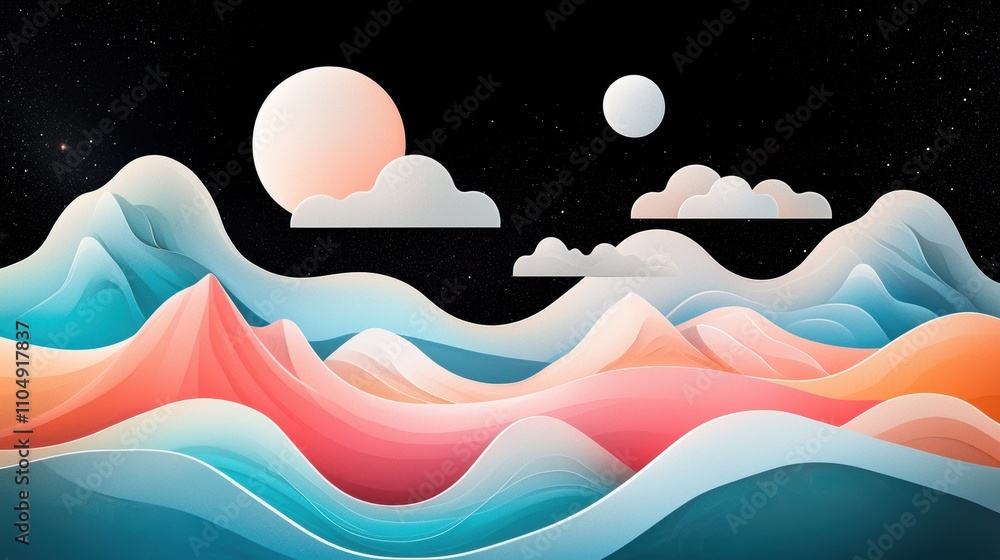 Poster an abstract illustration with overlapping shapes and smooth transitions between colors, evoking a dr