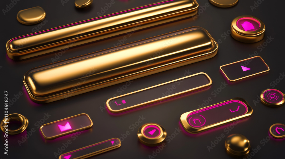 Poster set of golden buttons for user interface design. vector illustration of yellow shiny login frame, pr