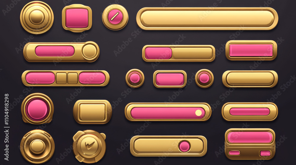 Poster set of golden buttons for user interface design. vector illustration of yellow shiny login frame, pr