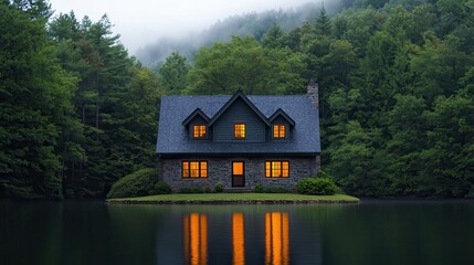 Obraz premium A cozy cabin surrounded by dense forest reflects in a calm lake, illuminated by warm lights, creating a serene and inviting atmosphere.