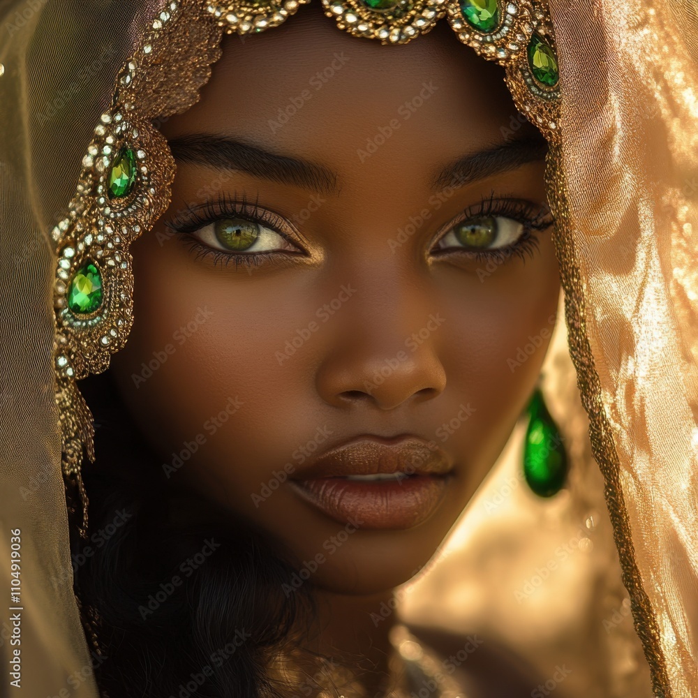 Wall mural Beautiful African woman in golden veil, sparkling green eyes