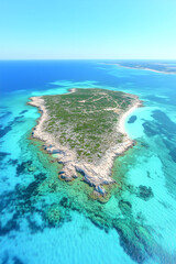 A beautiful island with a blue ocean in the background. The island is surrounded by water and has a rocky shoreline. The sky is clear and blue, and the sun is shining brightly