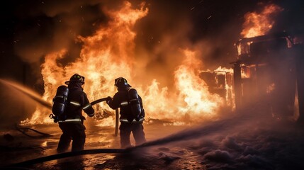 Courageous firefighting team battling a raging nighttime fire using coordinated strategy and vital equipment to extinguish the intense flames and smoke with unwavering dedication and focus