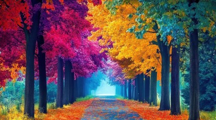 Beautiful fall forest with colorful leaves on tall trees, creating a calm