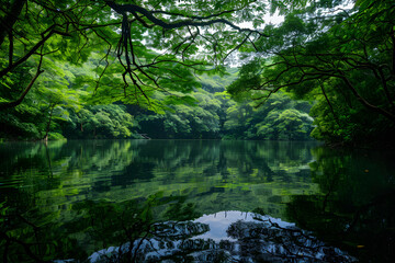 Tranquil Lake Surrounded by Lush Trees Reflecting Nature’s Serenity