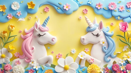 Two unicorns made of playdoh on a yellow background surrounded by flowers.