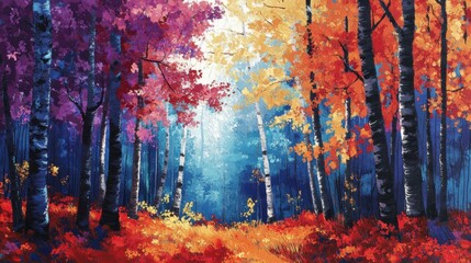 Beautiful fall forest with colorful leaves on tall trees, creating a calm