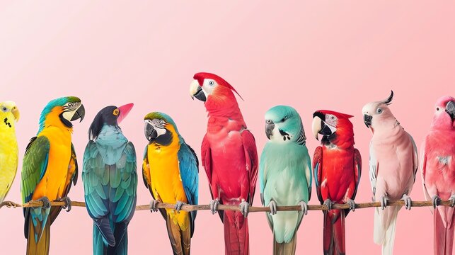 A row of colorful parrots perched on a branch against a pink background.