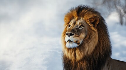 Fototapeta premium Majestic Lion Gazing in Snowy Winter Landscape