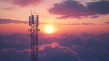 Sunset view from a telecom tower above the clouds with vibrant colors illuminating the sky
