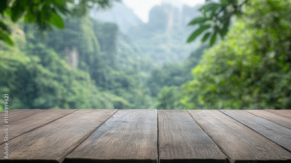 Poster empty wooden floor display with blurred nature view in background