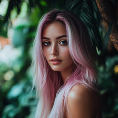 Naklejka premium A photo of an attractive woman with straight, shiny laminated hair. Beautidul background of a terrace with green plants, with pastel colors, soft light