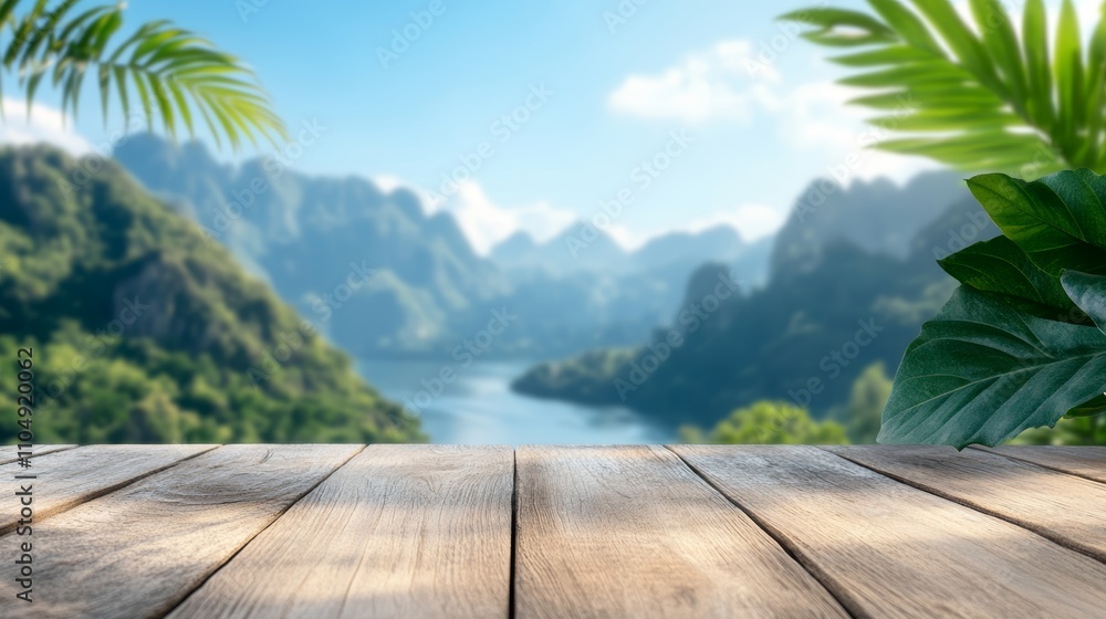 Poster empty wooden floor display with blurred nature view ideal setting