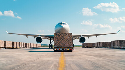 Cargo plane on runway, ready for shipment.