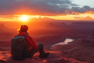 Obraz premium A lone hiker sits on a cliff edge, taking in the breathtaking view of a sunset over a vast canyon.